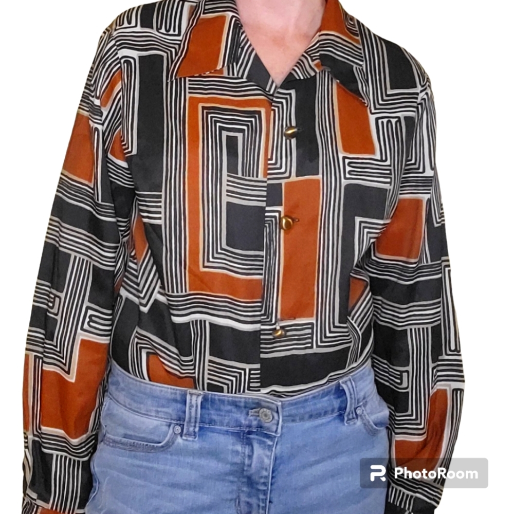 Vintage 70s Dutchmaid Geometrical Striped Black Brown Button Down Size 36 S/M